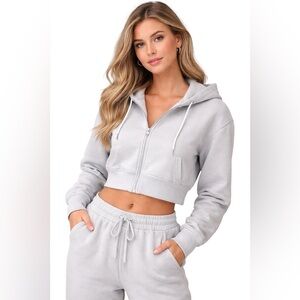 Common Stitch Light Gray Cropped Zip Hoodie Fleece Lined Clean Girl Cozycore S